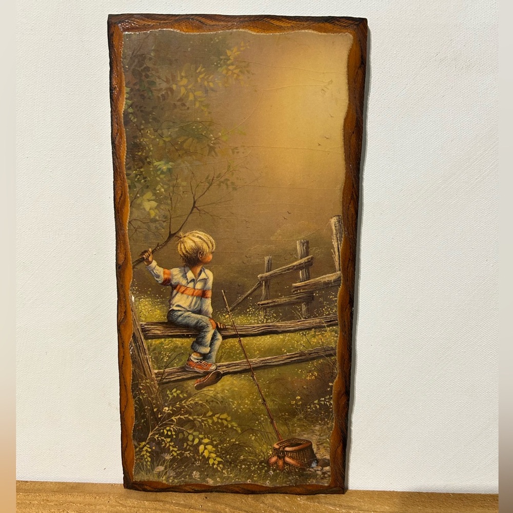 Vintage Style Wood Framed Wall Plaque - Boy Fishing by Andres Orpinas